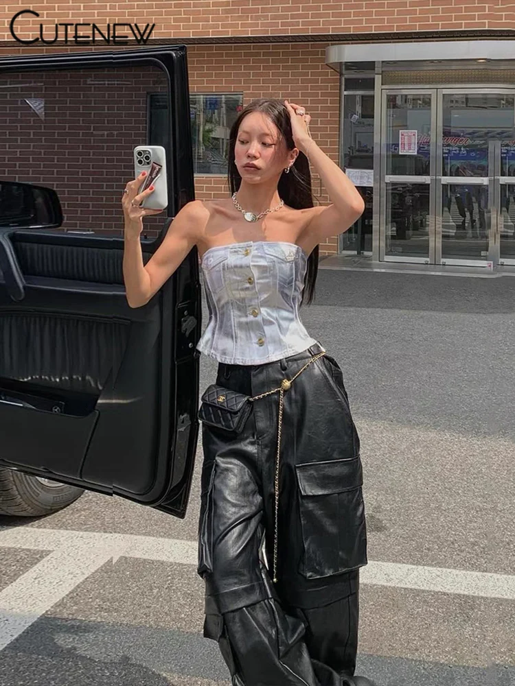 Stunning Solid Vest Women Summer Street Fashion Strapless Single Breasted Slim Tanks Girl Concise Go Out All-matched Top