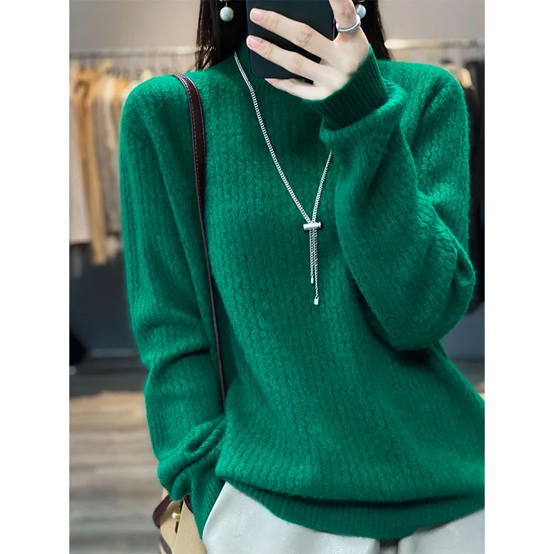 

2022 New Style Loose Sweaters Women 100% Pure Wool Knit Jumpers Female Pullovers Corrugated Clothes