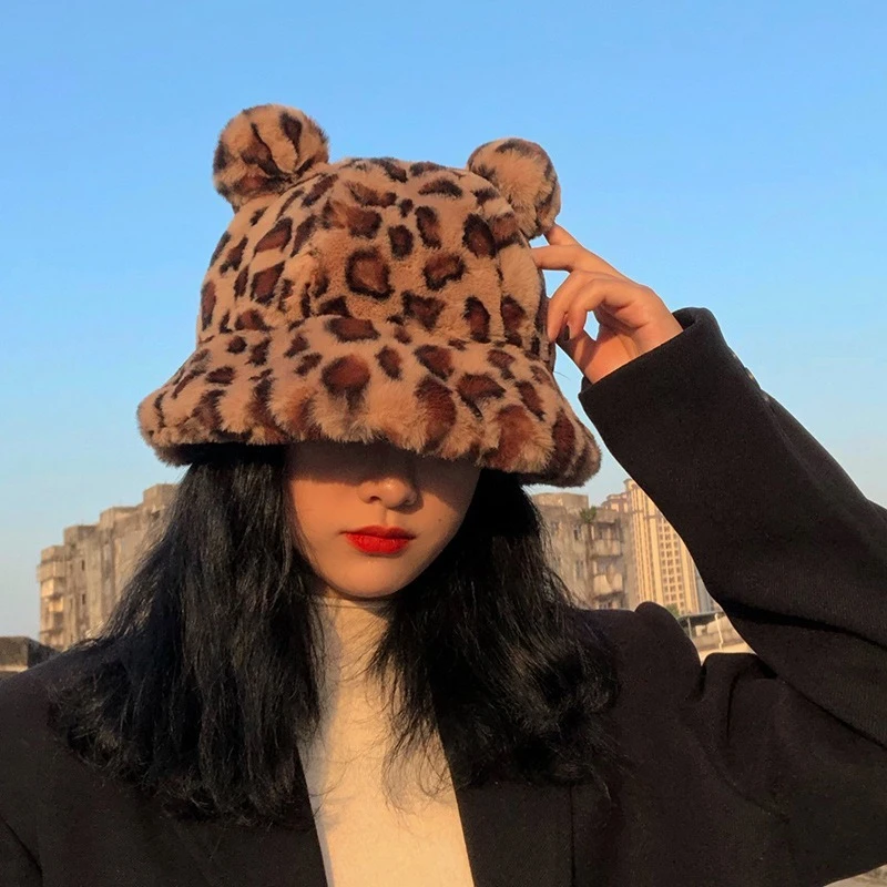 straw bucket hat Winter Fashion Cute Leopard Bear Ear Bucket Hat For Women Thick Warm Faux Fur Furly Fisherman Cap Outdoor Protection Soft Panama bucket cap