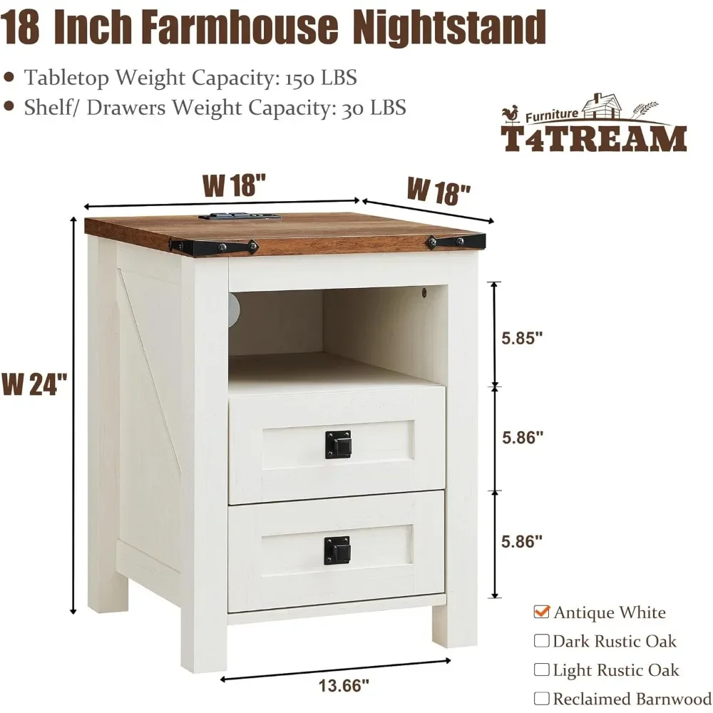 Nightstand with Charging Station, End Table, Side Table for Bedroom, Living Room, Farmhouse Design, Wood Rustic, Antique White 5