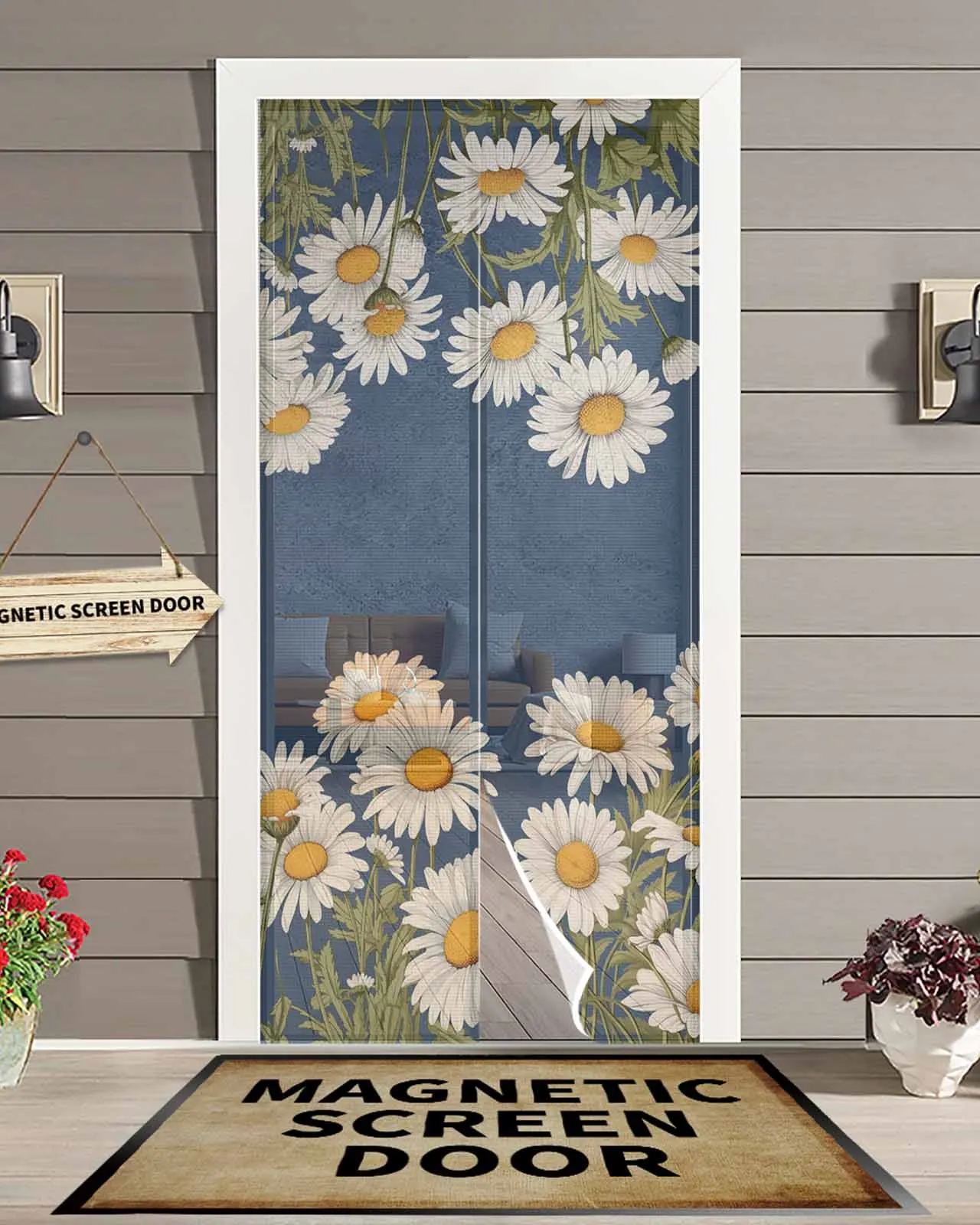 

Chrysanthemum Hand Drawn Retro Summer Magnetic Door Curtain Living Room Bedroom Home Anti-mosquito Screen Door Curtain