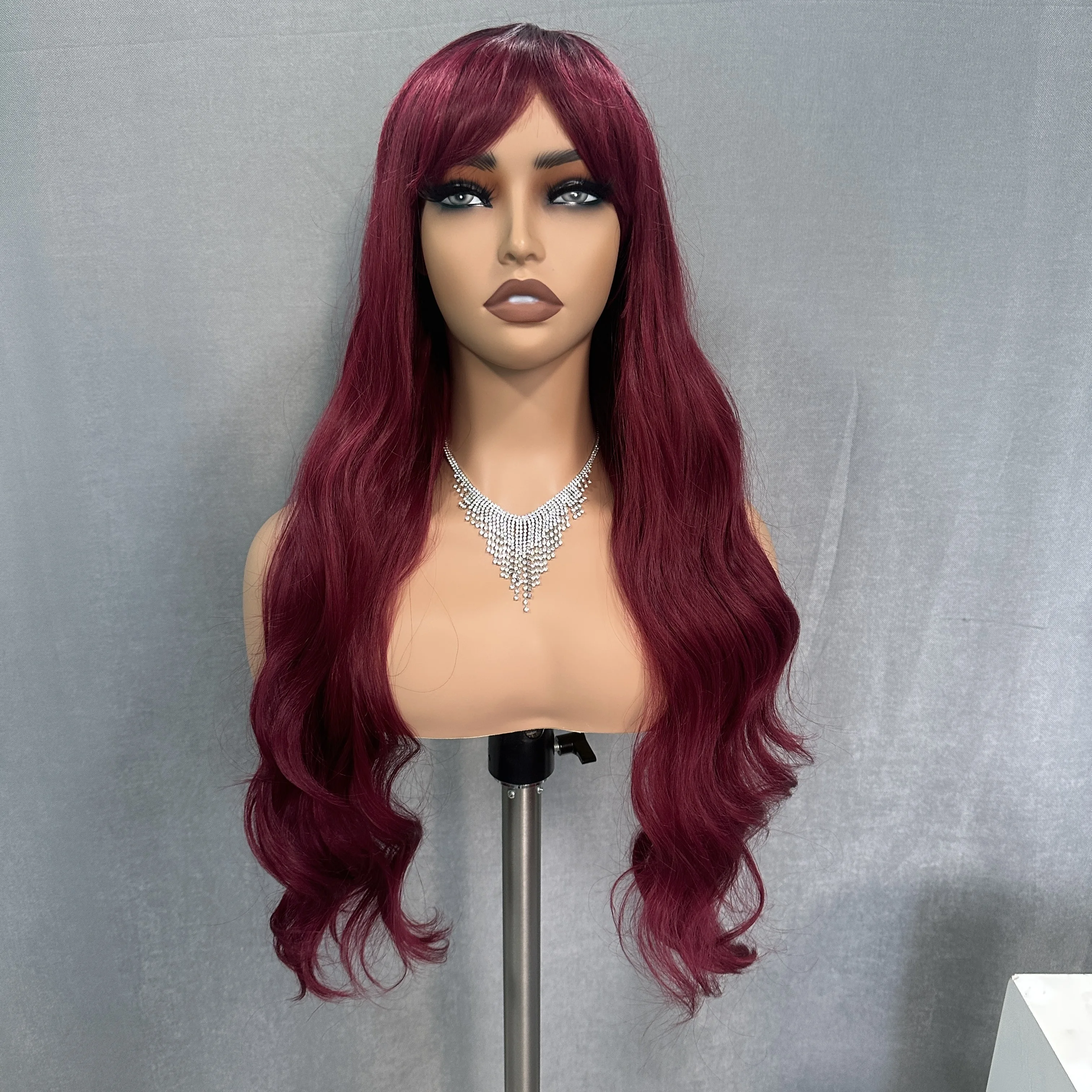 X-TRESS Body Wave Wigs With Bangs Long Wine Red None Lace Glueless Wig Natural Synthetic Soft Wig for Black Women Daily Cosplay