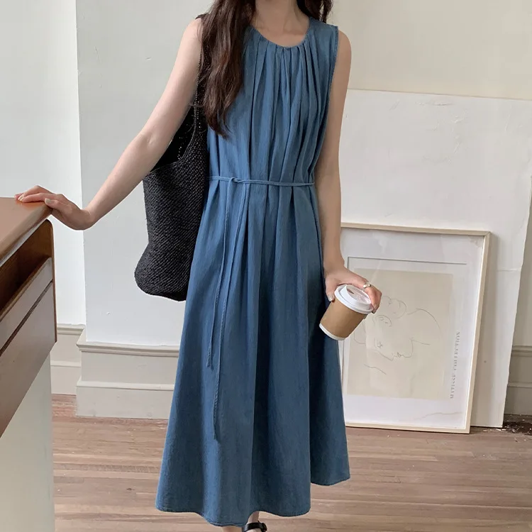 

Retro Style Washed denimTank Dress Women's 2024 Summer New 94.4% cotton vestido feminino beach dress 22912