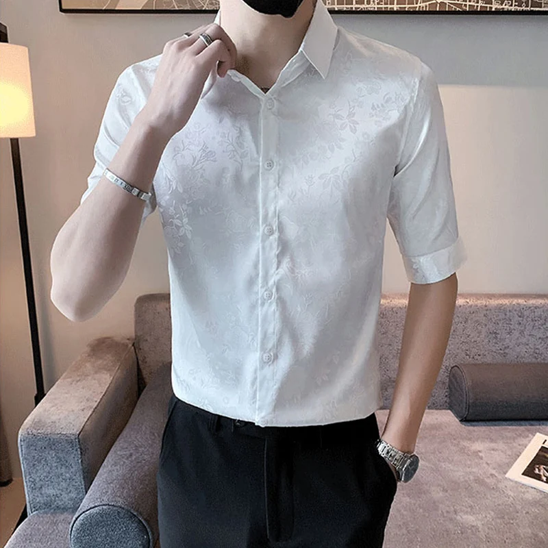 2022 Summer Print T Shirt Men Zip Stand Collar Short Sleeve Casual T-Shirt  Slim Ice Silk Hollow Streetwear Tee Tops Men Clothing