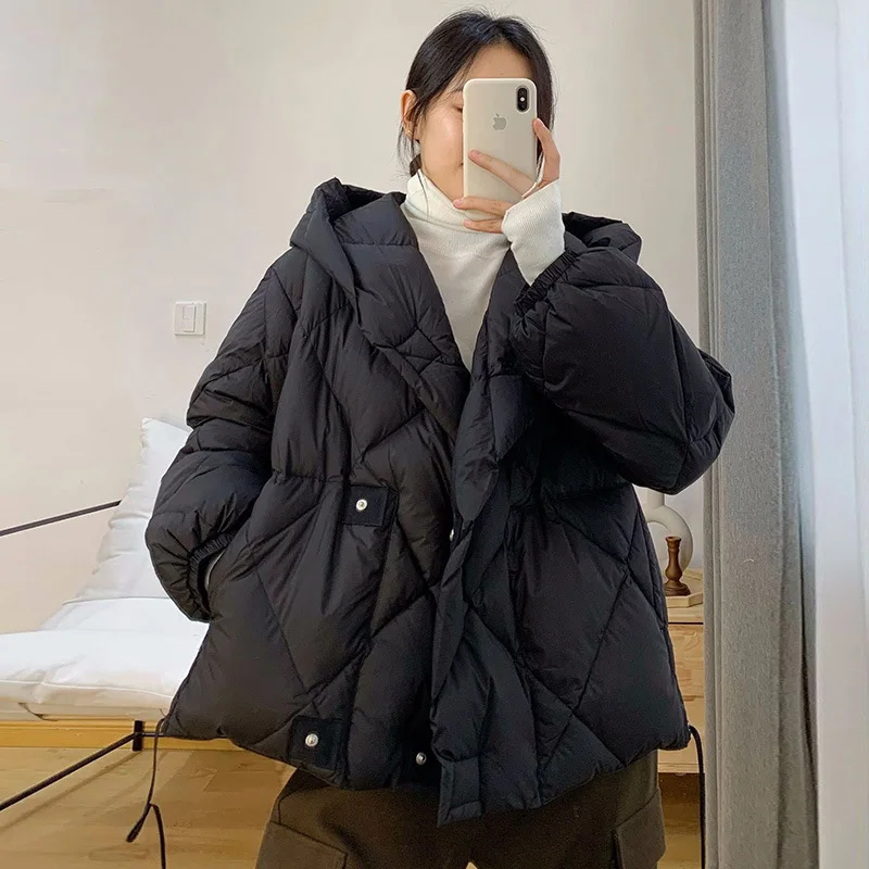 

90% white duck down jacket women's short section 2022 new winter thickened loose warm diamond lattice ladies jacket