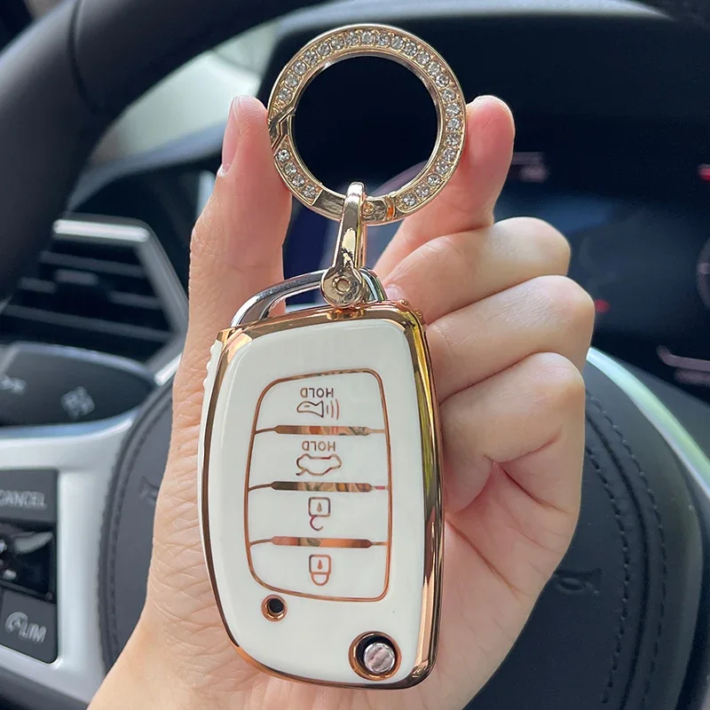 

Bling rhinestone Keyring Flip Folding 4 Button Tpu Car Key Case Cover for Hyundai Sonata 2015 Santa Fe 2013 GLS Key Shell Fob