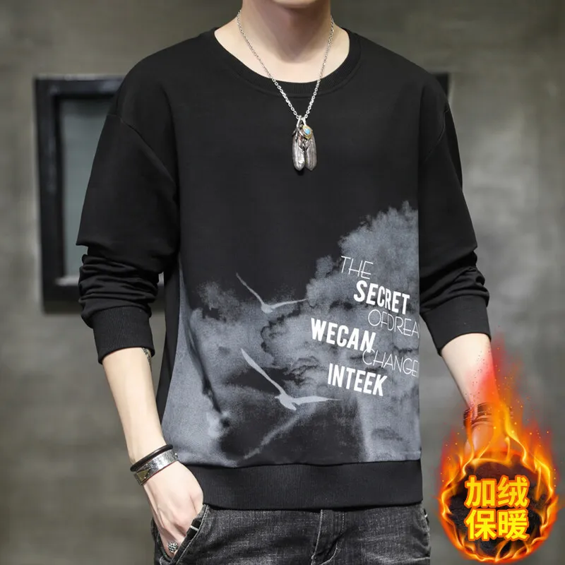 Men's Autumn and Winter Pullover Round Neck New Patchwork Printed Letter Loose and Versatile Fashion Casual Long Sleeved Hoodie
