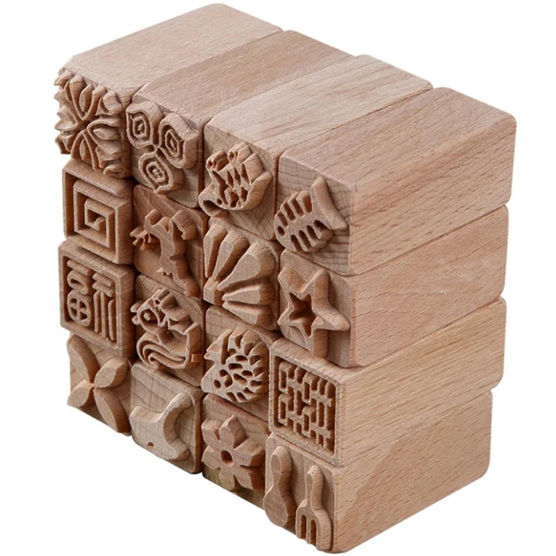 Hand Carved Wooden Stamps Wood Seal for Printing DIY Clay Pottery Printing Blocks Clay Tool Fish Bone / Squirrel / Flower Deer