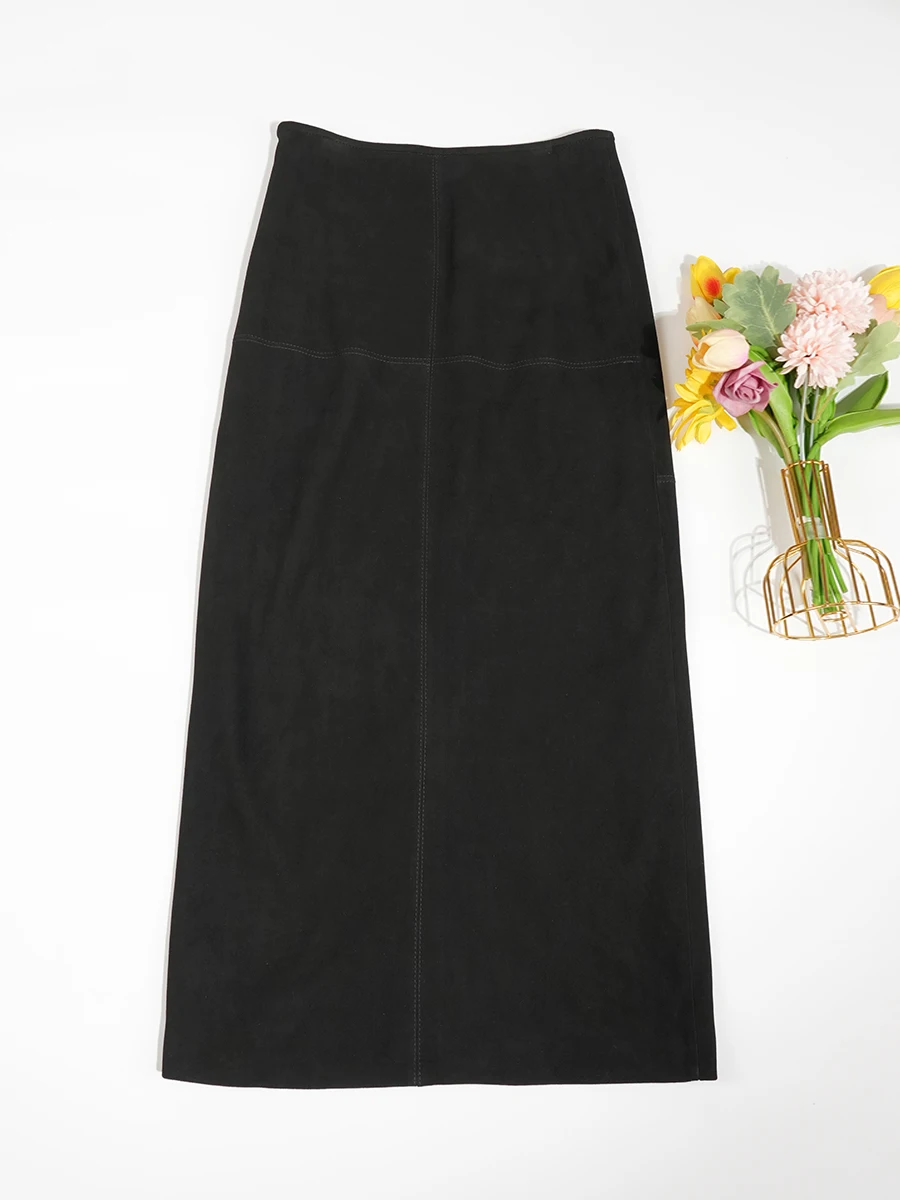 חצאיות עור כבשים מיובאות לנשים סתיו חורף וינטאג' מותן גבוה A-קו חבילת ירך עור אמיתי חצאיות ארוכות