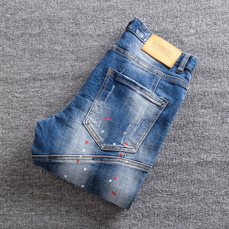 Street Fashion Men Jeans Retro Washed Blue Stretch Slim Fit Ripped Jeans Men Spliced Designer Hip Hop Vintage Denim Pants Hombre