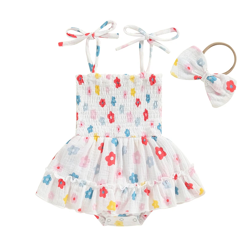 Baby Girl 2Pcs Summer Outfits Cute Sleeveless Tie Strap Shirred Romper with Headband Set Newborn Clothes