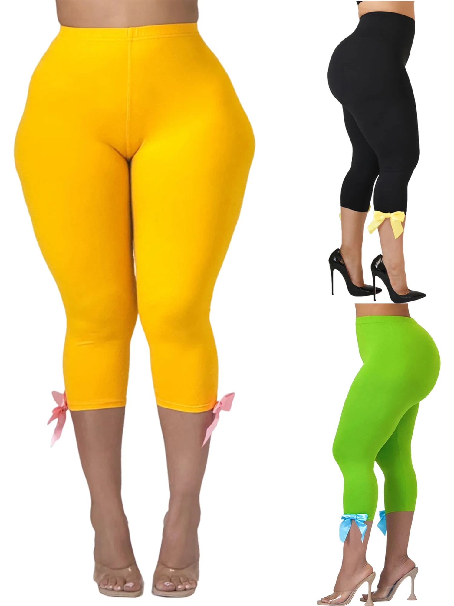 Elegant Women s Capri Leggings with Chic 3D Bow Detailing Perfect for Work or Play - High Waist Stretchy Trousers for Office