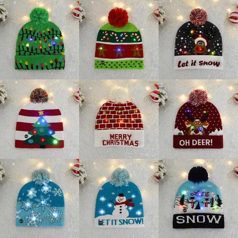 New Christmas Hat with Flashing LED Light Cartoon Santa Claus Snowman Elk Knitted Hat Cap Kids Adults New Year Christmas Gifts