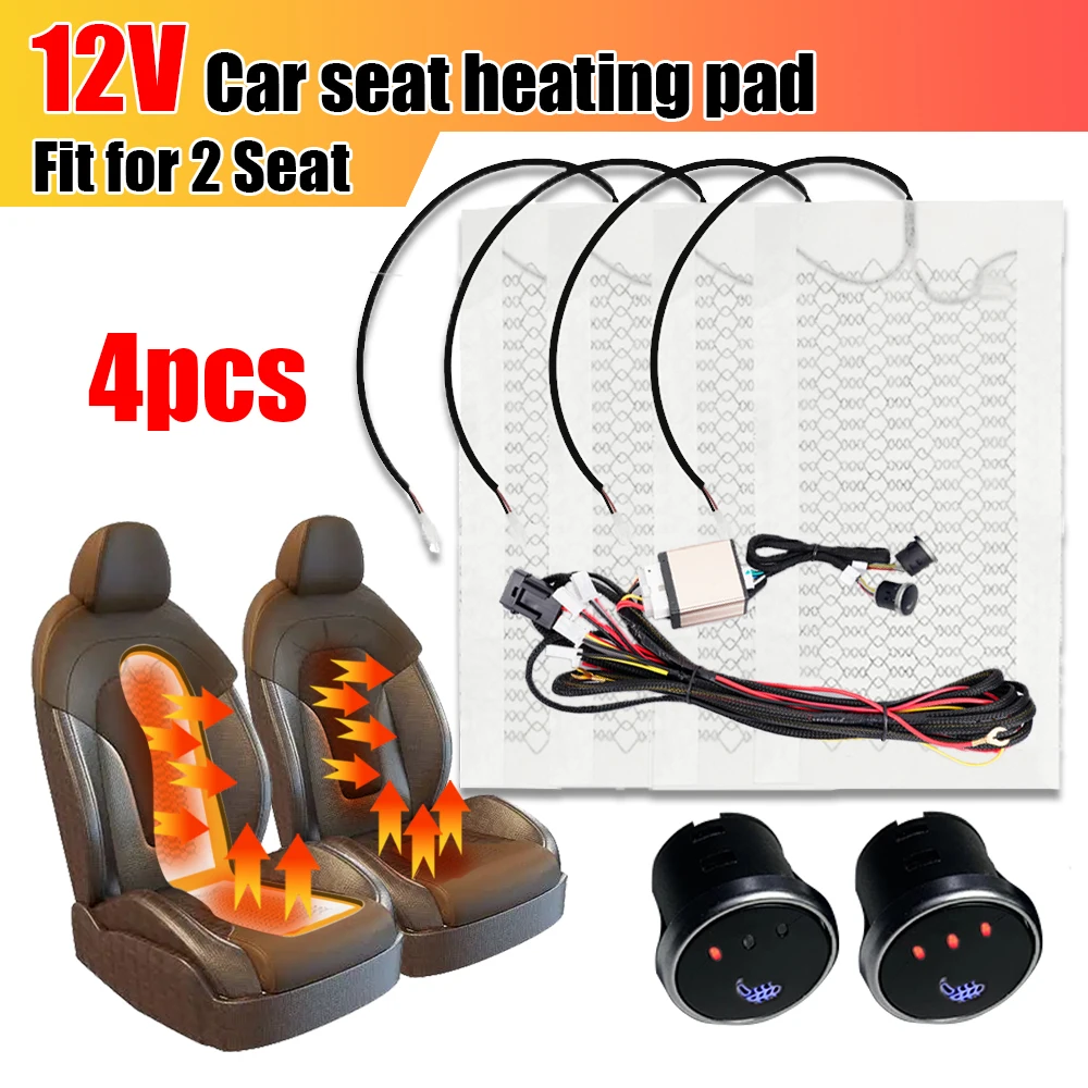 Fit 2 Seats 4 Pads Universal Car Seat Heater Kit Carbon Fiber Heated Seat Heater Pad 12V 3 Level Switch Winter Warmer Seat Cover