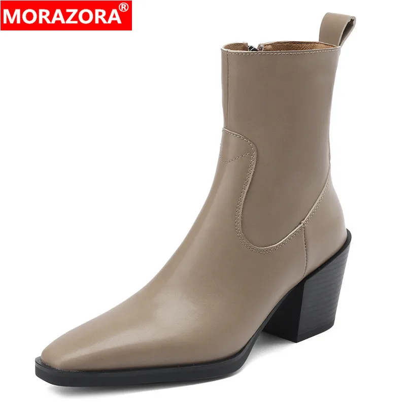 MORAZORA 여성용  가죽 부츠, 블록 하이힐 앵클 부츠, 여성 패션 드레스 슈즈, 가을, 겨울, 신상