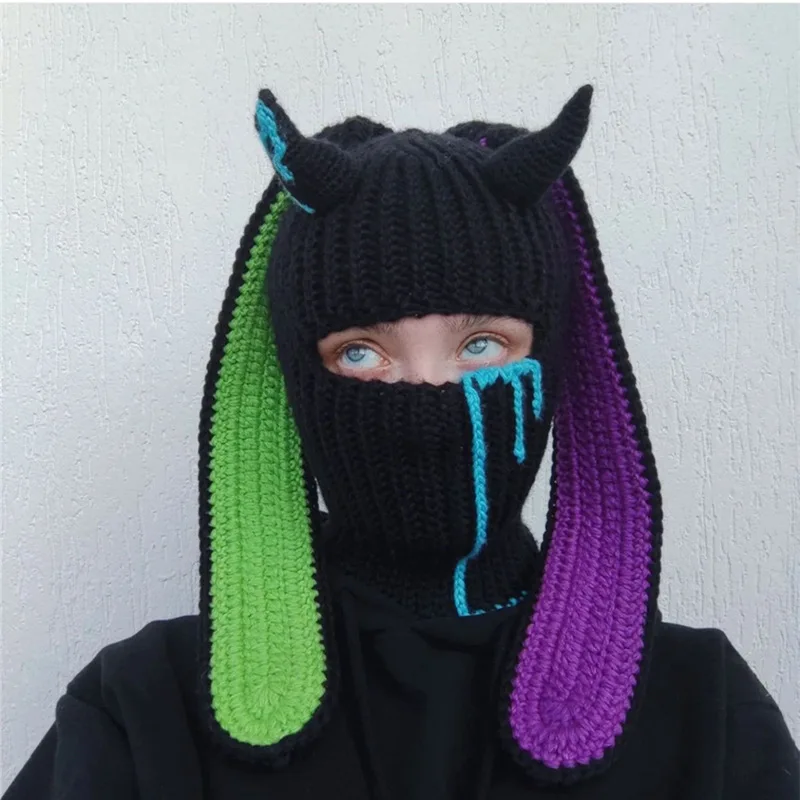 

2023 Popular Rabbit Ear Hat Early Spring Warm Barak Rafah Hat Neck Protection Mask One Piece Knitted Hat Halloween Cosplay