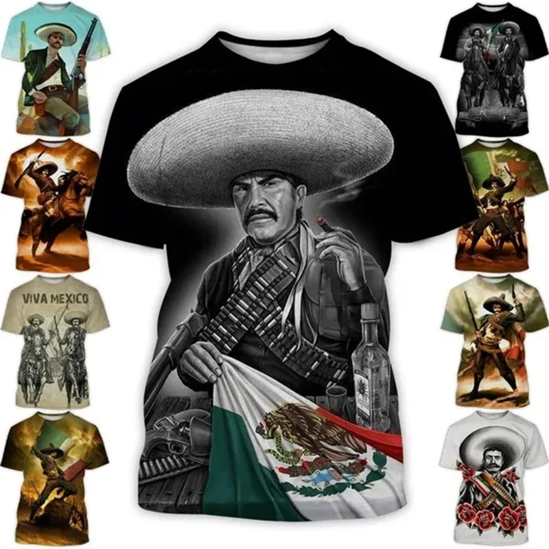 

2024 Summer New Fashion Mexico Zapata 3D Printed Men's Short Sleeve T-shirt Personalized Hip Hop Fashion Casual Street Short T-s