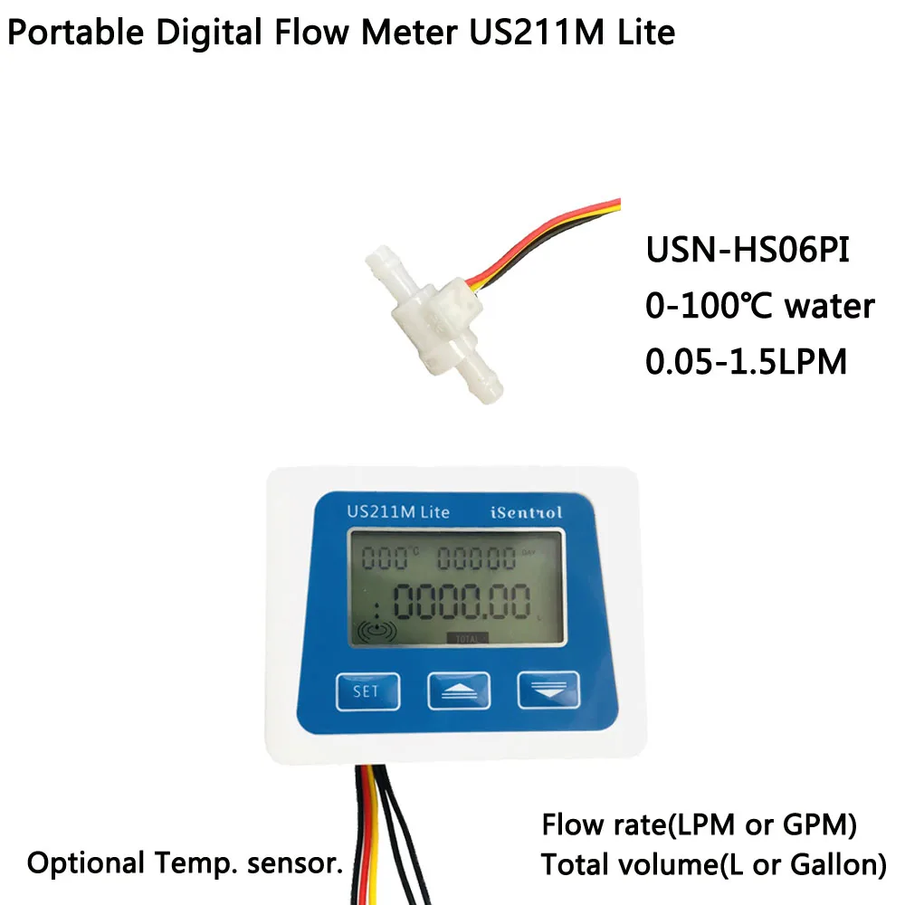 

US211M Lite Portable Digital Flow Meter & USN-HS06PI 0.05-1.5L/min Water Sensor φ6mm POM Plastic iSentrol Zhongjiang Saier