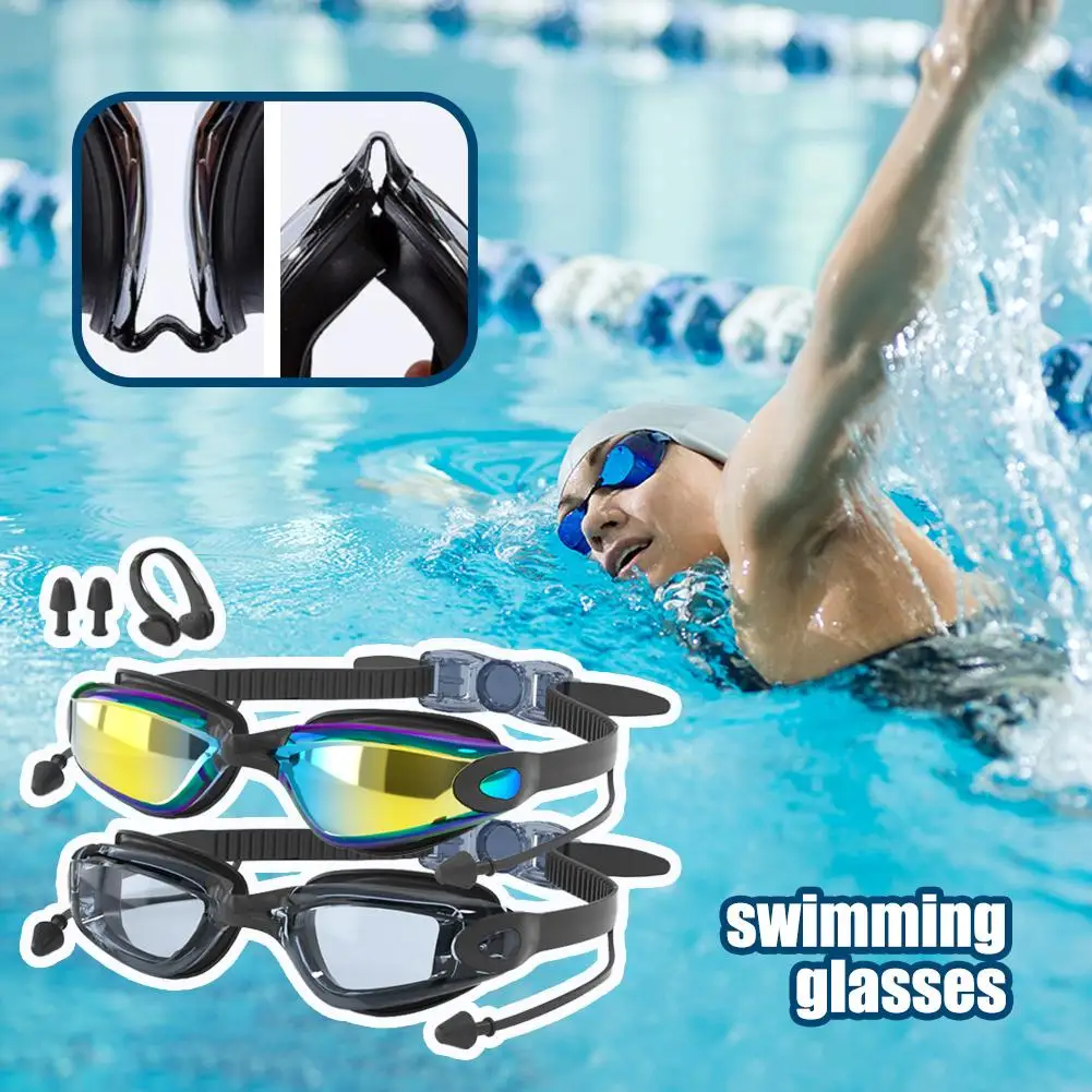 Anti-fog Adjustable Swimming Goggles Adults With Earplugs & Nose Clip HD Silicone Waterproof