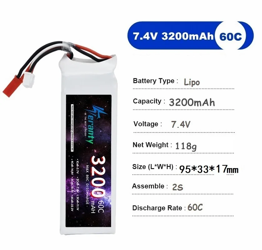 Batterie Lipo 3200mAh pour drone jouet enfant, connecteurs XT60 et fils de charge