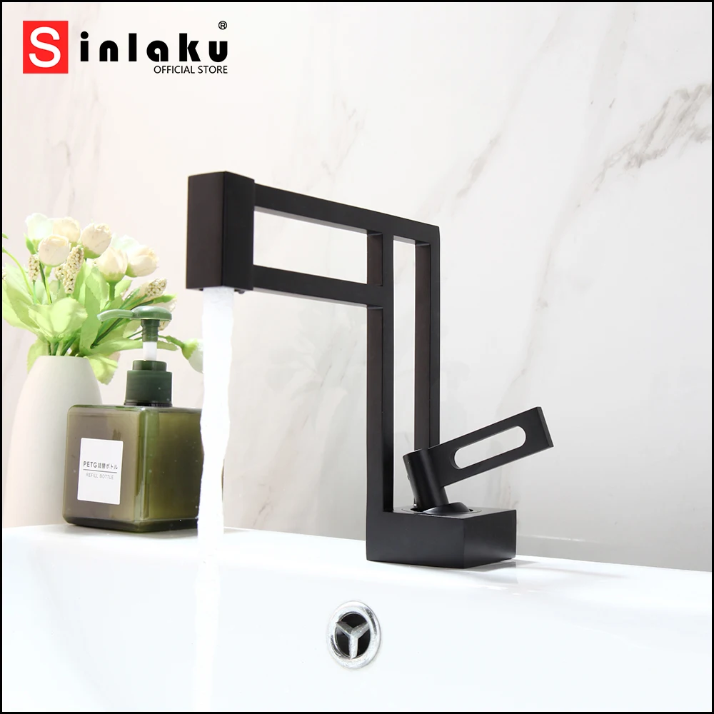 

SINLAKU Bathroom Basin Faucet Matte Black Deck Mounted With Single Handle Control Hot And Cold Stream Water Mixer Taps Faucets