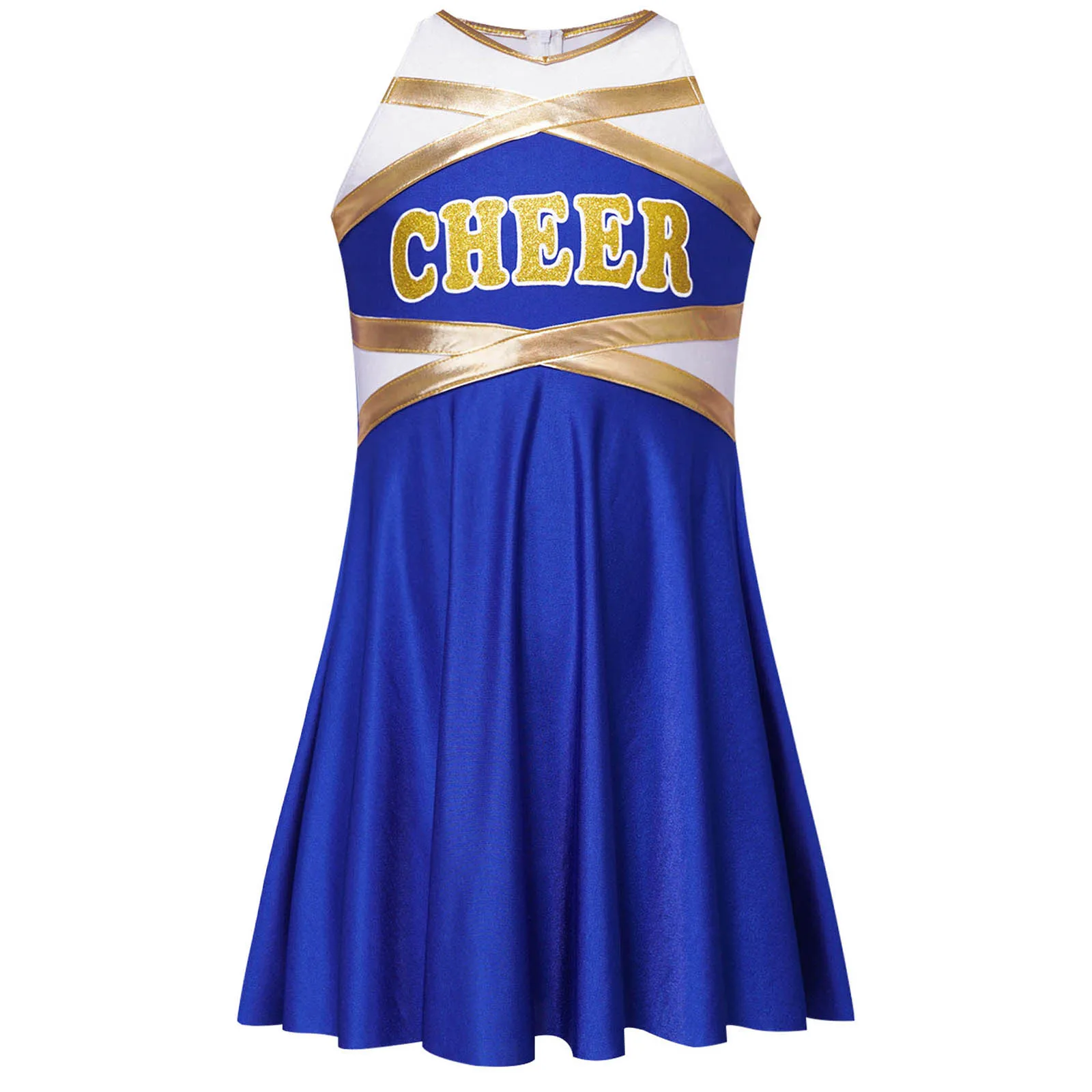 Kids Girls Cheerleading Uniform Cheerleader Cheer Dance Performance Costume Dancewear Sleeveless Letter Print Metallic Dress