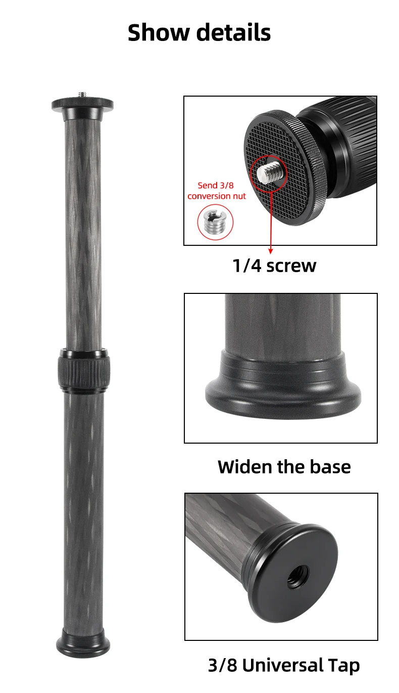 Selfie Stick With 1/4 or 3/8 Screw Tripod Carbon Fiber Central Axis Extension Rod Adjustable Extension Rod for DSLR Cameras