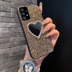 Shiny Gold Grid Pattern Phone Case with Glitter Mirror Shell - Galaxy A27 (Gold)