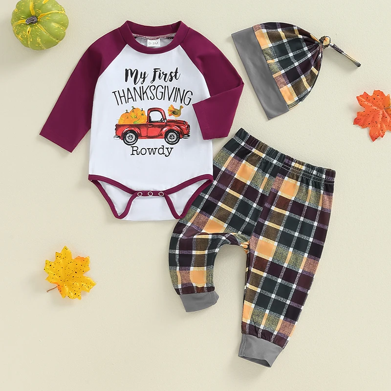 

Комплект одежды Lioraitiin для детей на День Благодарения из 3 предметов, комбинезон с длинным рукавом с буквенным принтом и брюки с клетчатым узором и шапка, 2024-05-31