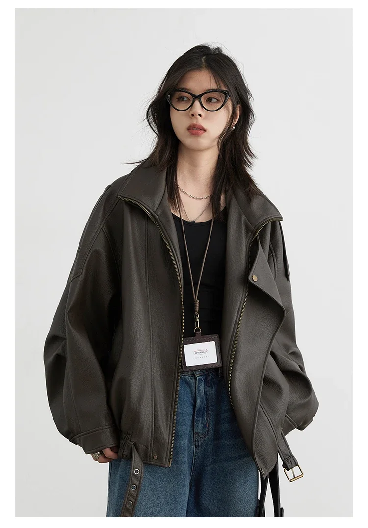 CHIC VEN Women PU Jacket New Loose Retro Motorcycle Faux Leather Quilted Coat Female Overcoat Thick Warm 2025 Spring Autumn Top