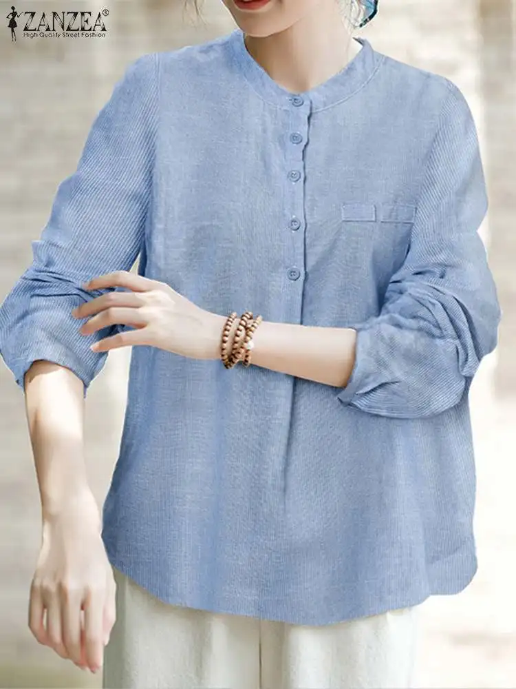 

2023 ZANZEA Elegant Work Blouse Autumn Long Sleeve Shirt Women Vintage Striped Tops Fashion Loose Tunic Casual Buttons Up Blusas