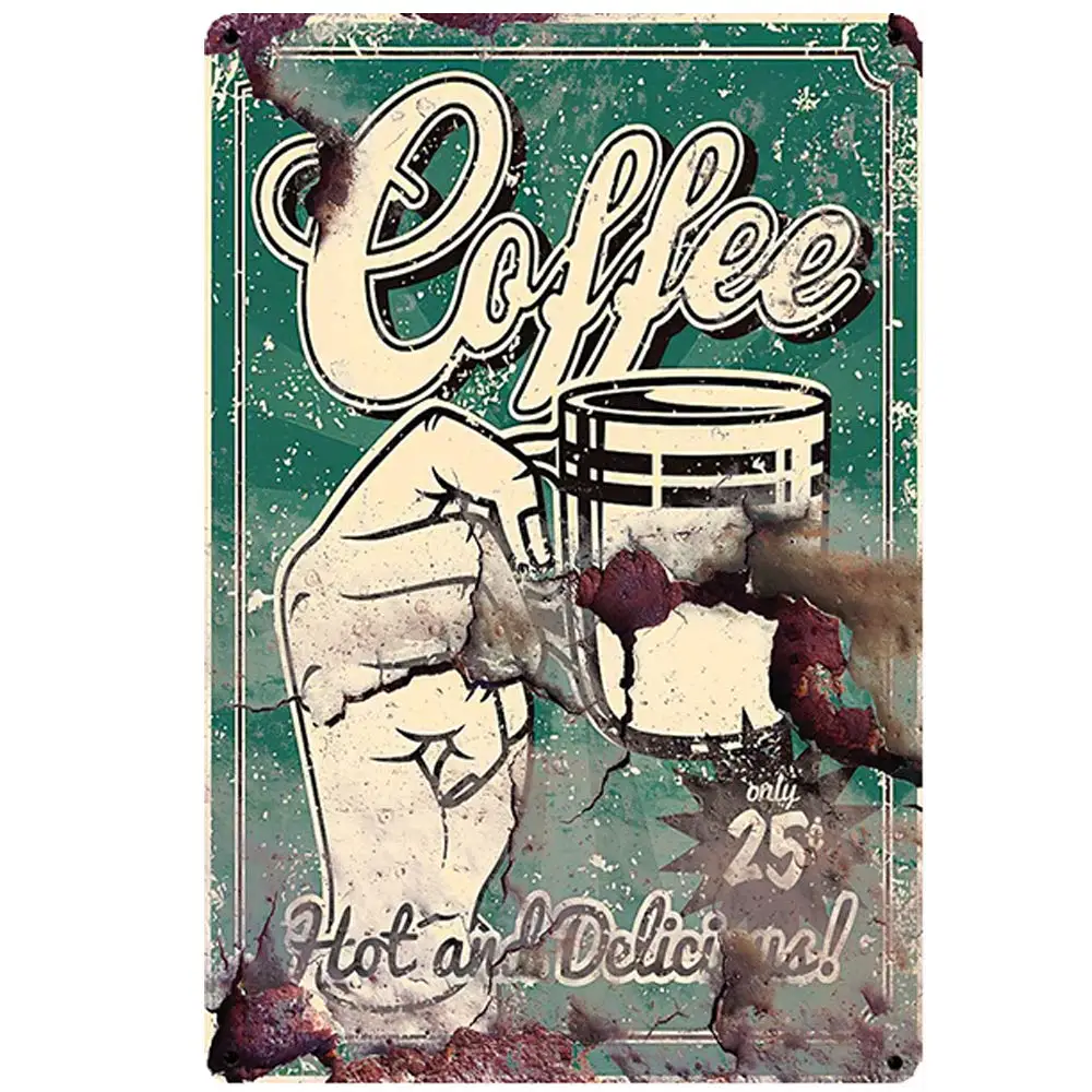 

Retro Design Hot and Delicious Coffee Tin Metal Signs Wall Art | Thick Tinplate Print Poster Wall Decoration for Cafe/Kitchen/C