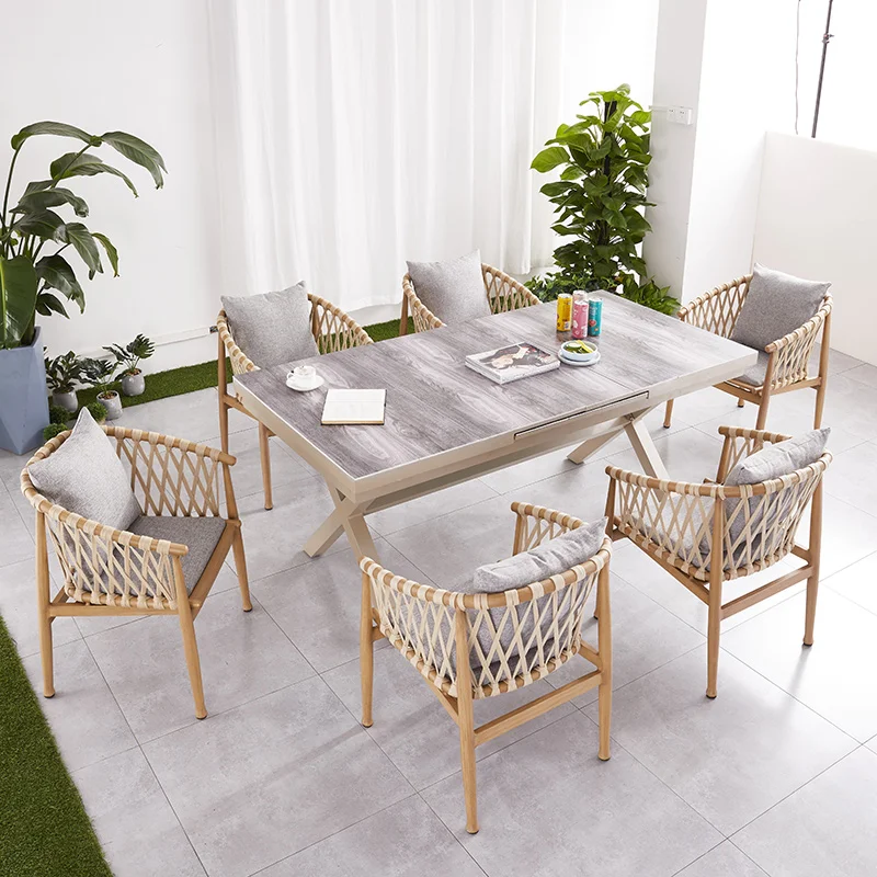 Outdoor leisure simple plastic wood dining table and chair set waterproof sunscreen Garden Furniture Set