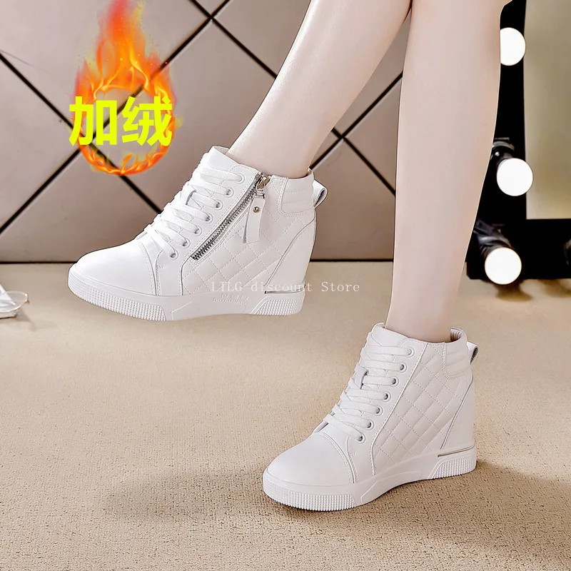 여성 운동화 높이 증가 여성 신발 캐주얼 레이스 업 지퍼 화이트 신발 슬로프 힐 여성용 하이 탑 부츠
