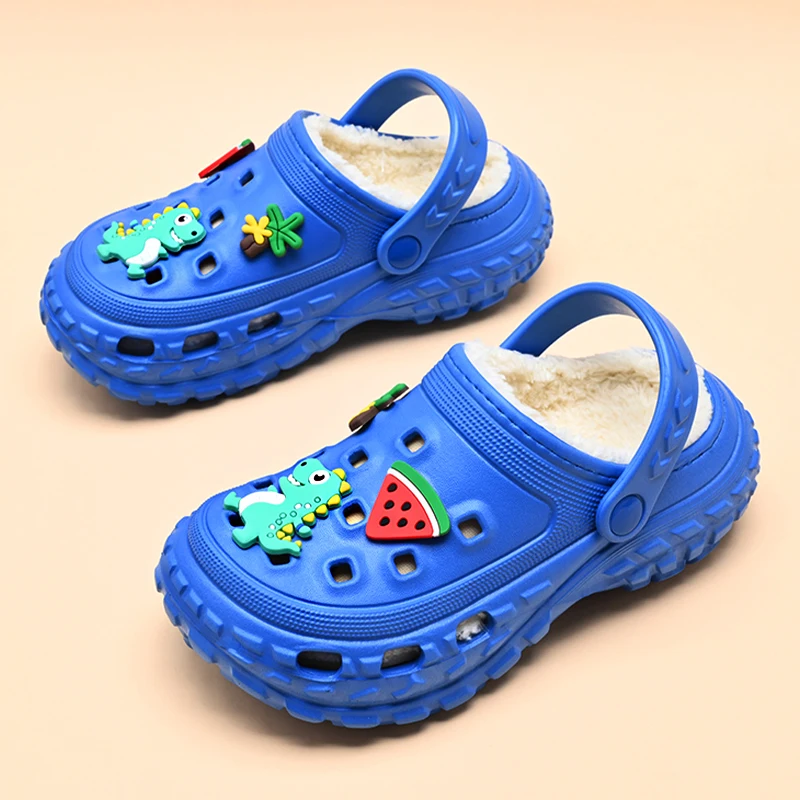 Cotton Shoes Kids Winter Plush Slippers Clogs Outdoor Garden Shoes Cute Cartoon Charms Boys Girls garden clogs shoes eva house slippers children rain boots