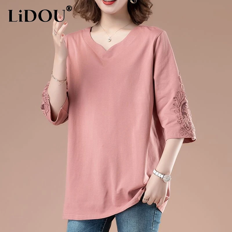 

2023 Summer Fashion All-match Cotton T-Shirts Women V-neck Three Quarter Lace Patchwork Pullovers Korean Style Embroidered Tees