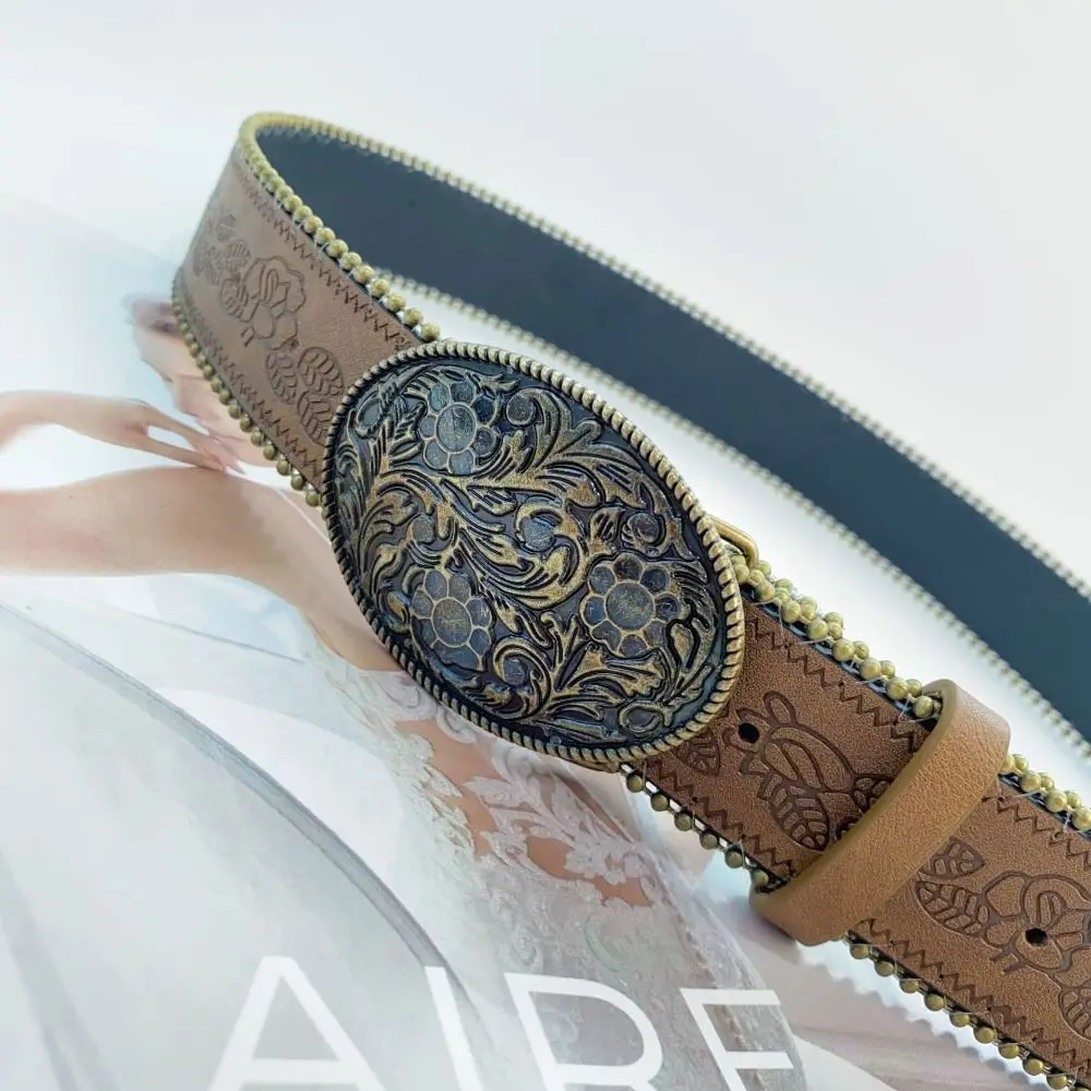 Modischer verstellbarer Damengürtel, Vintage-PU-Leder-Cowboy-Gürtel mit gravierter Schnalle, Boho-Western-Gürtel für Jeans, Hosen, Kleider – Detail 3