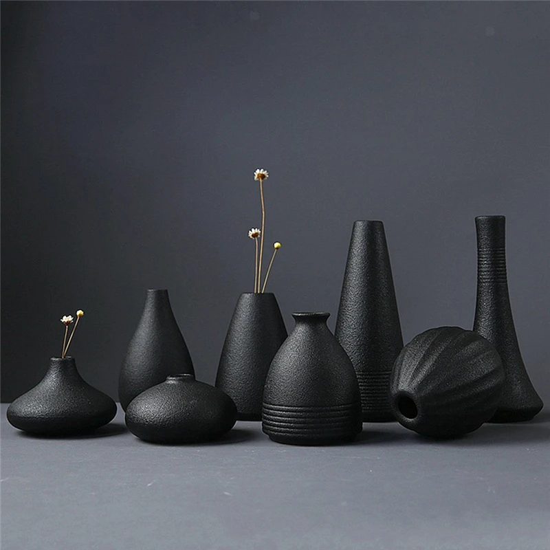 Black Ceramic Small Vase Home Decoration Crafts Desktop Ornament Simplicity Planter Flower Vase for Living Room Garden Decor