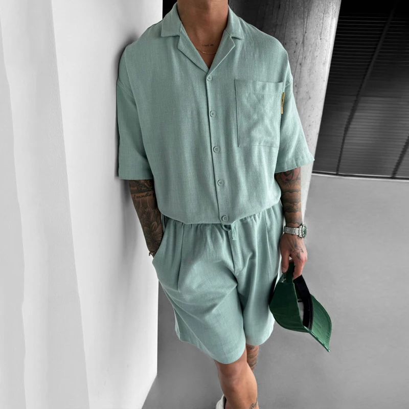 

Male Two Piece Set 2024 Summer Men Clothing Casual Tracksuits Short Sleeve Lapel Buttoned Shirts Top And Lace-up Shorts Outfits