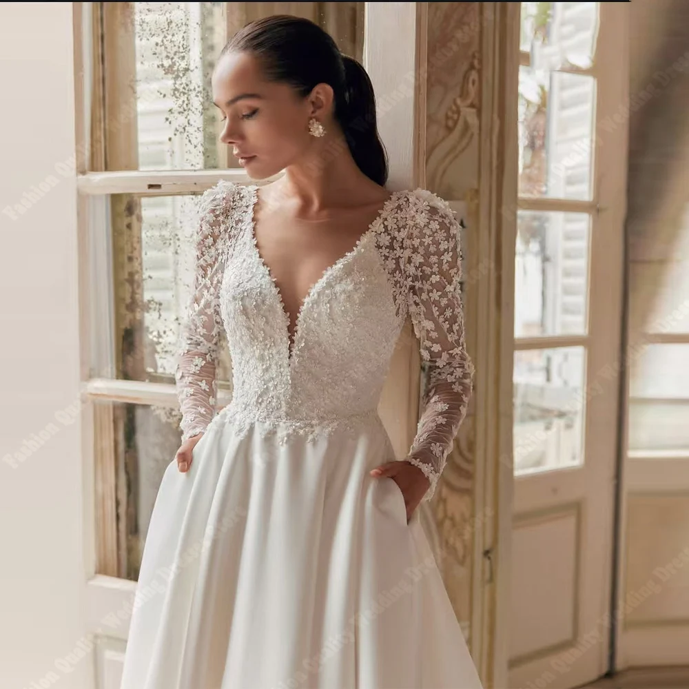 Elegant Lace Long Sleeves Women Wedding Dresses Minimalist Satin A-Line Bridal Gowns Mopping Length Vestidos De Novia Customized 3