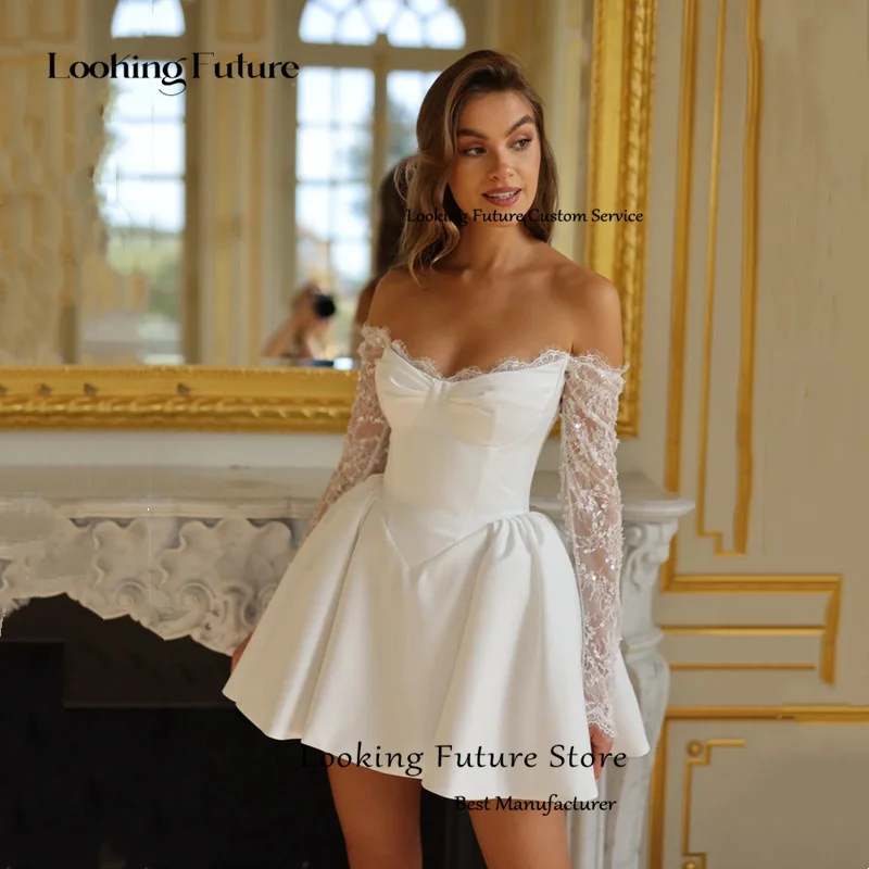 Simple Mini Lace Wedding Dress Vintage Strapless Formal Pleat Off Shoulder Sequined Ball Gowns Sexy Backless Lace Up Customized 11 S6b20514c710e4e779f1dec351e9be5a9a