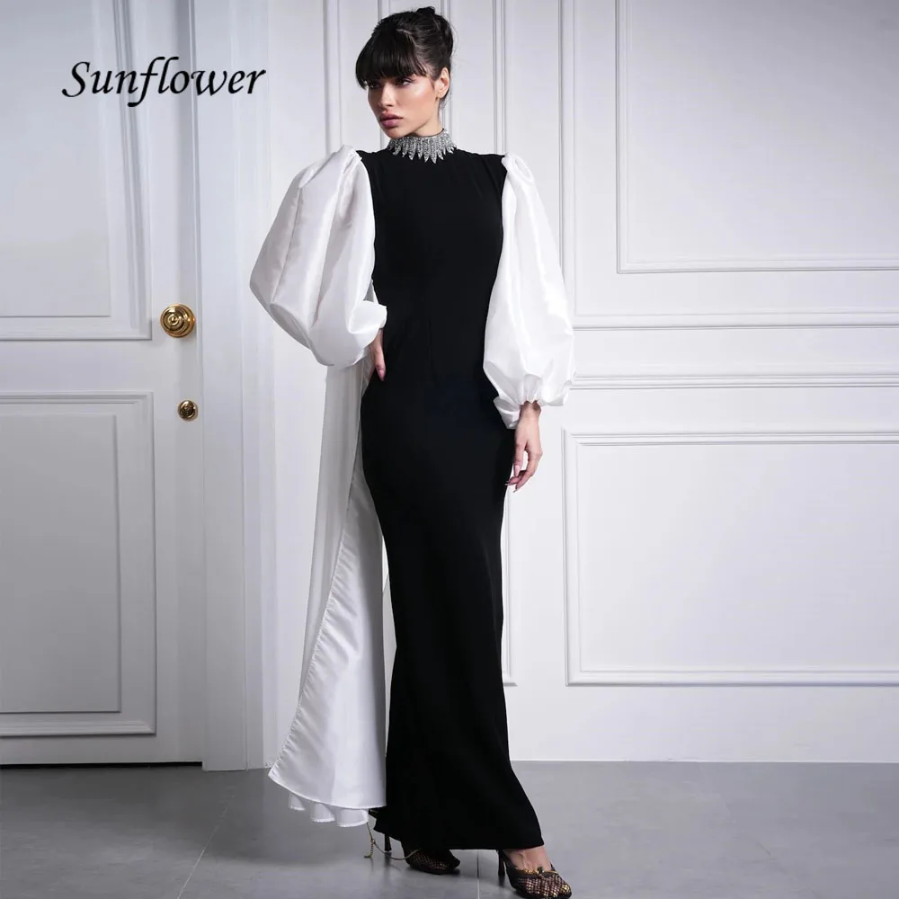 

Sunflower Black Beading High Neck Crepe Mermaid Evening Dresses Saudi Arabia 2023 Slim Long Sleeve Floor-Length Party Gowns