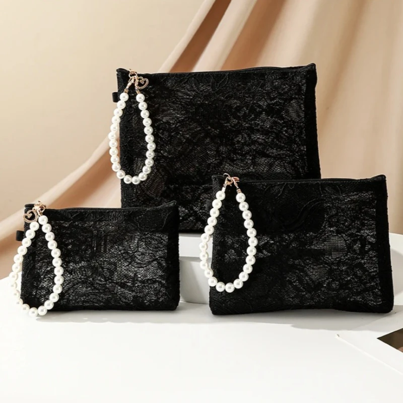 모조 진주 체인이 달린 달콤한 화장품 파우치 여성용 레이스 작은 메이크업 가방..