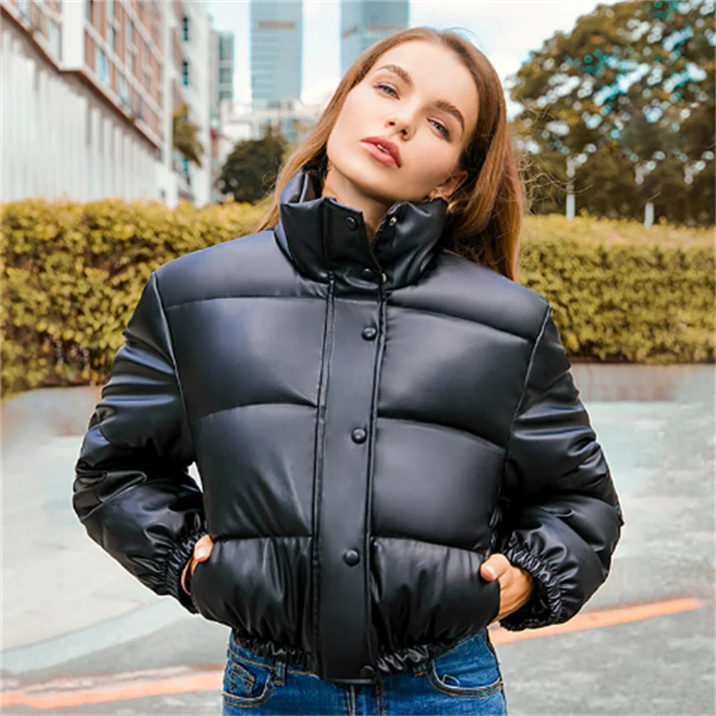 Winter Warm Thick PU Leather Coats Women Short Parkas Fashion Black Cotton Padded Lady Down Jacket