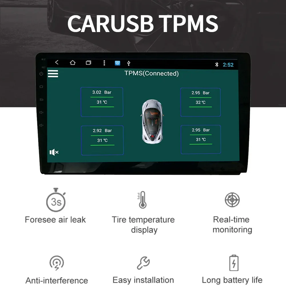 USB Android TPMS Tire Pressure Monitoring System Display Alarm System Internal External 5 Sensors For Car Navigation Radio