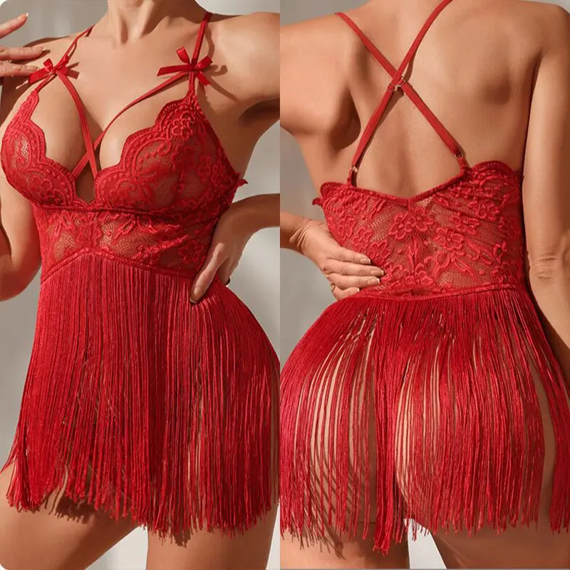 Women Nightgowns Women Nightdresses Women Pajamas Sleeping Dress Hollow Lace Pajamas Skirt Women Nightdress Patchwork Tassel Seamless Underwear Mini Dress Backless Nightgown Sexy Pajamas