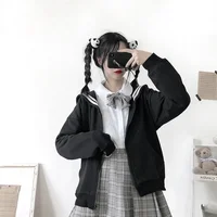 Deeptown Kawaii Zip Up Hoodies Black Japanese Preppy Style Sailor Collar Sweatshirts Sweet Lolita Coats Loose Cute Top Soft Girl - Image 4