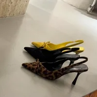 Women's Kitten Heels Slingbacks Sandals Leopard Genuine Leather Pointed Toe Party Wedding Shoes Woman Quality Pumps Bow - Image 2