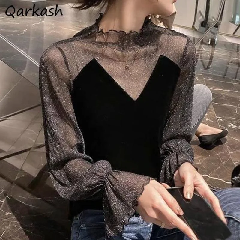 

Blouses Women M-4XL Velvet Cozy Sheer Sexy Ladies Spring Patchwork Design Chic Flare Sleeve Elegant Retro Blusas Korean Tops Ins