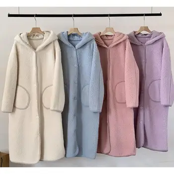 Womens Lamb Fleece Robe Warm Blanket Hooded Coat Winter New Homewear Dressing Gown Loose Casual Bathrobe Thickened Outerwear